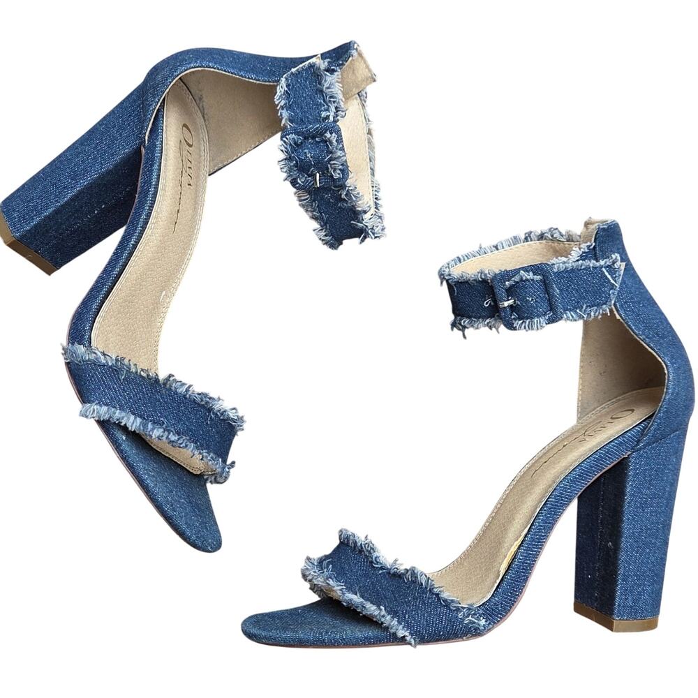 Olivia Ferguson Denim Block Heel Sandals 7 Frayed Barely There Chic - Picture 2 of 10